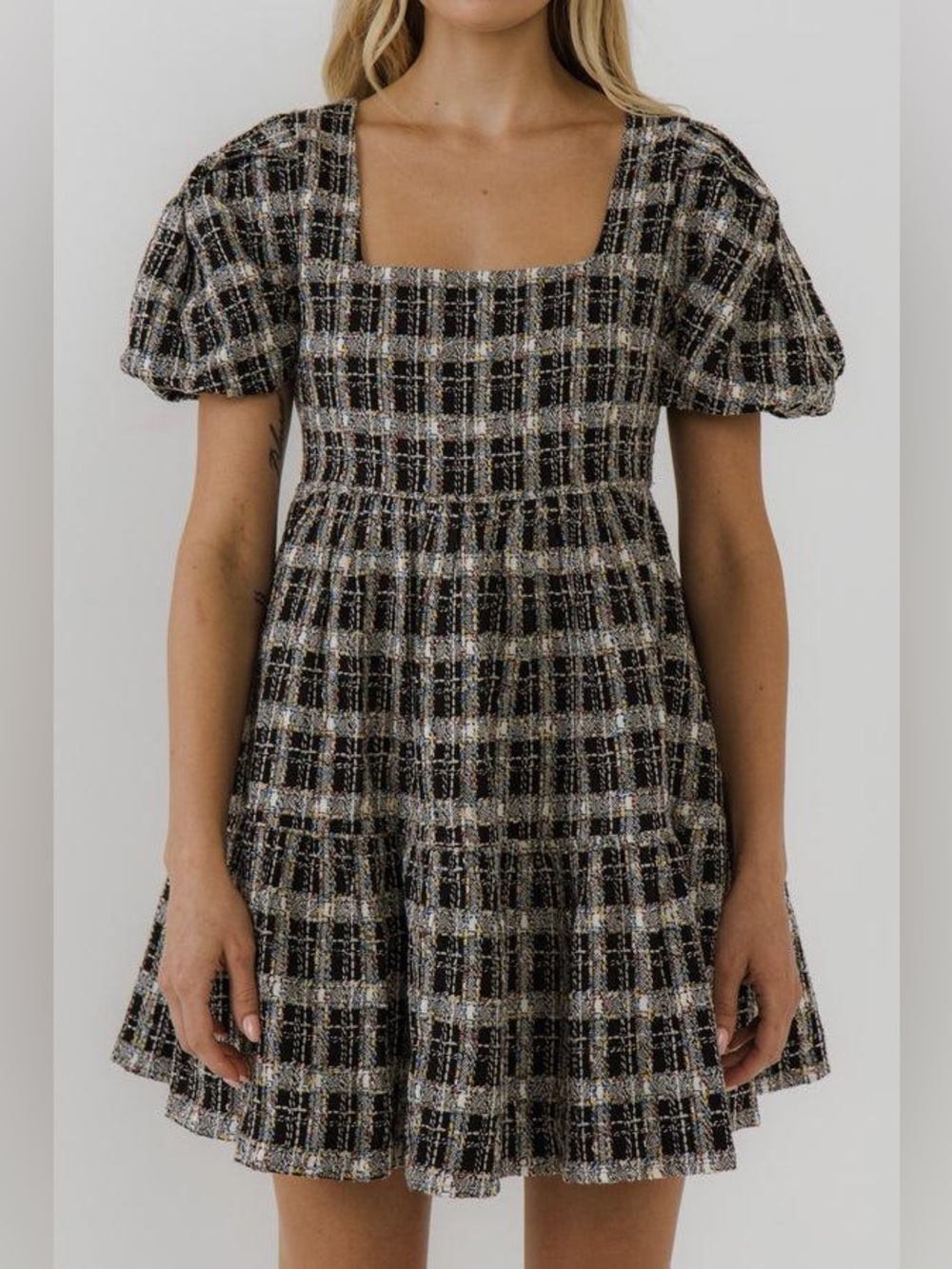 English Factory Multi Tweed Puff Sleeve Minidress M NWT